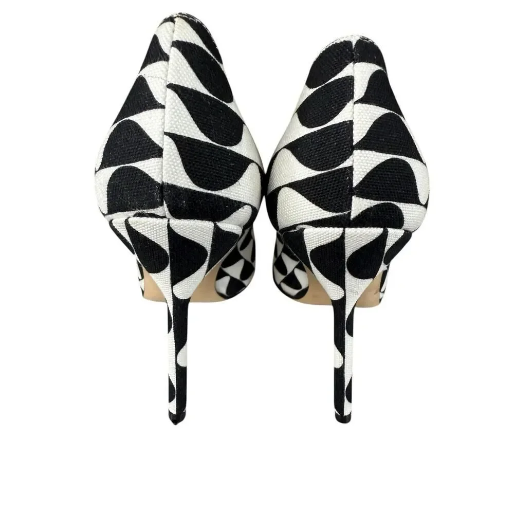 Manolo Blahnik BB 105 Black White Canvas Pointy Toe Pumps Size 36 EU 6 US